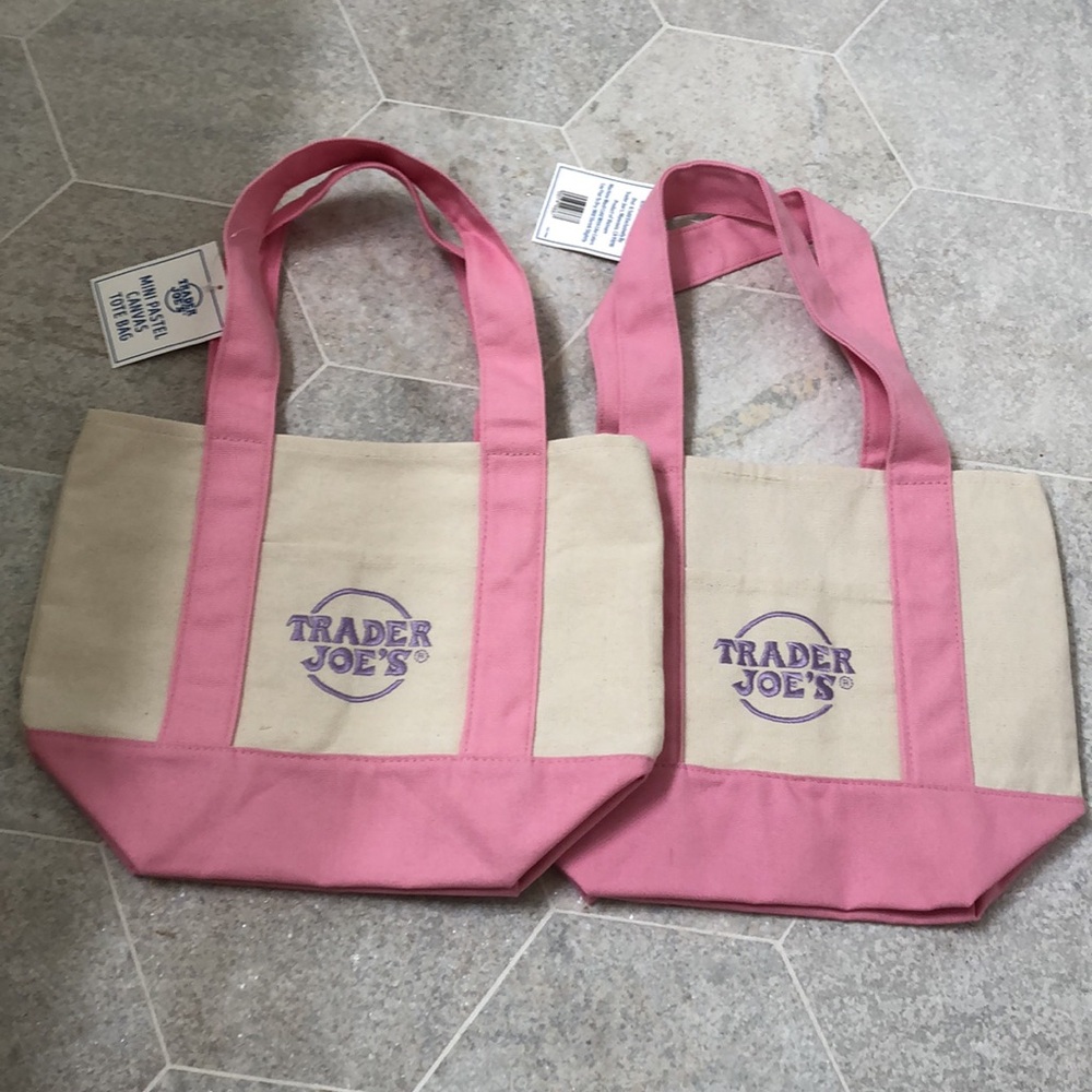2 Trader Joe's 2026 Mini Canvas Pastel Reusable Tote Bags Pink Bag